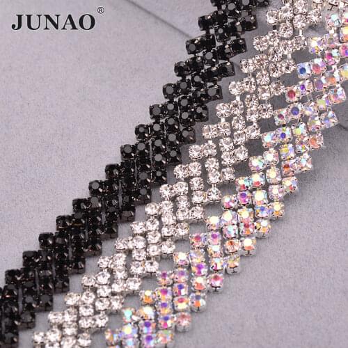 JUNAO SS16 Glitter Sewing AB Crystal Tape Glass Rhinestone Chain Trim Silver Metal Cup Chain Crystal Applique for Dress Crafts