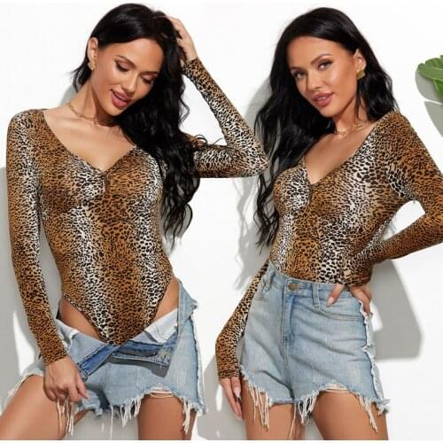 Long Sleeve Bodysuit Women Jumpsuit Sexy Leopard Print Female Low O High Cut Out Neck Skinny Street Body Thong Outfit Animal