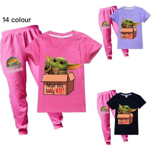 Disney Kids Girls Clothes Set Mandalorian Baby Yoda Print Short Sleeve T Shirt Long Pants Cotton Clothes Tracksuit Girl Outfit