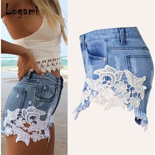 LOGAMI High Waisted Denim Shorts Summer Womens Lace Shorts Ripped Ladies Sexy Jeans Shorts 2018