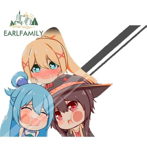 EARLFAMILY 13cm x 9.8cm For Konosuba Graffiti Car Sticker Anime Decal Vinyl Car Styling Waterproof RV JDM Sunscreen Decor