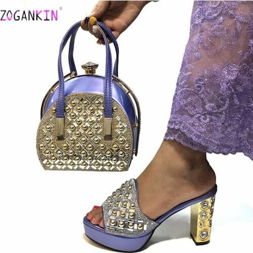 Violet Sexy Style Slippers And Matching Bag Set Italian Women 10 CM High Heels Shoes And Bag Set For Wedding On Sale