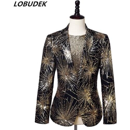 Mens Singer Host Stage Concert Sequins Blazer Fashion Slim Fit Gold Black Sequin Embroidery Blazers Performance Suit Jackets