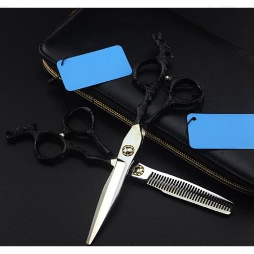 Professional japan 440c 6 inch black dragon hair scissors set cutting barber makas haircut thinning shears hairdressing scissors