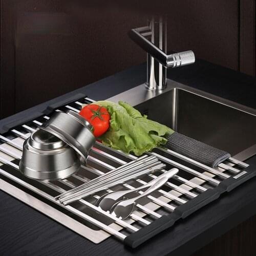 Stainless Steel Foldable Kitchen Sink Drain Rack Dish Drying Rack Over Sink Roll-up Dry Storage Rack Kitchen Shelf