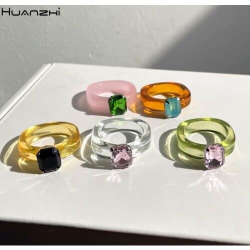 New 5 pcs/set Summer Colorful Transparent Geometric Rectangle Rhinestone Acrylic Rings for Women Girls Vacation Jewelry HUANZHI