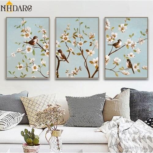 New Chinese Style Branches Birds Flowers Poster and Prints Canvas Print Painting Art Wall Pictures for Living Room Home Decor