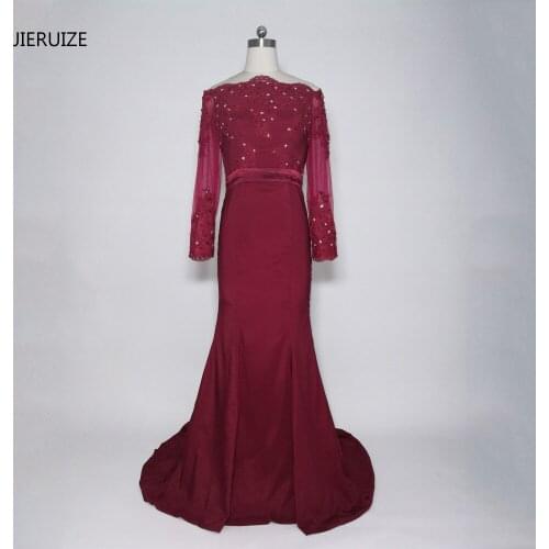 JIERUIZE Burgundy Mermaid Prom Dresses Long Off the Shoulder Long Sleeves Evening Dresses Formal Evening Gowns abendkleider