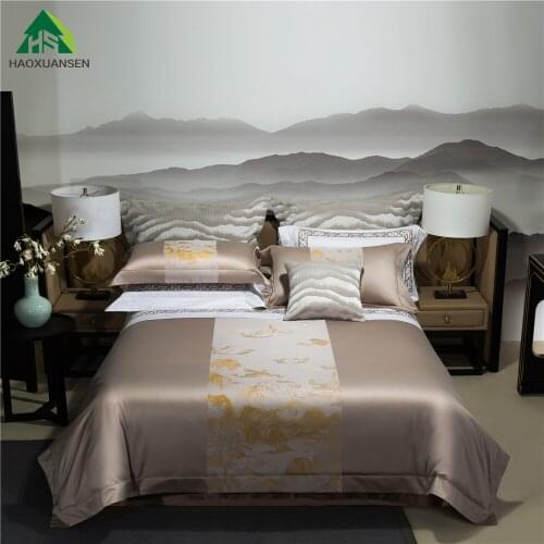 Wanli Mountain And River Design Beige Gold Bedding Sets 4Pieces Yarn Dyed Jacquard Bed Linens Duvet Cover Pillowcase Bedsheet