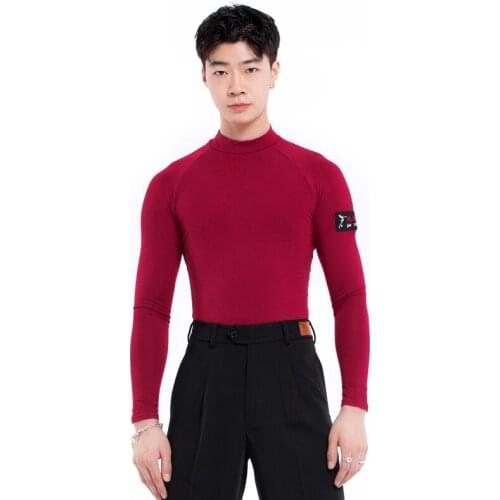 Male Adult New Latin Dance Clothes Winter Red High Neck Long Sleeve Shirts Modern Dance Costumes Performance Dance Wear DN6956