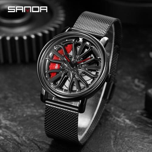 Sanda Military Watch Rotating Car Wheel Tires Dial Watches Mens Sport Wristwatch Luxury Stainless Steel Mesh Strap Wrist Clock