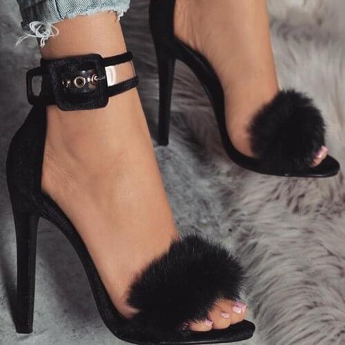 Fur Peep Toe Gladiator Sandales Summer Sexy High Heel Sandals Ankle Strap Woman Sandal Femmes Women Wedding Shoes Black