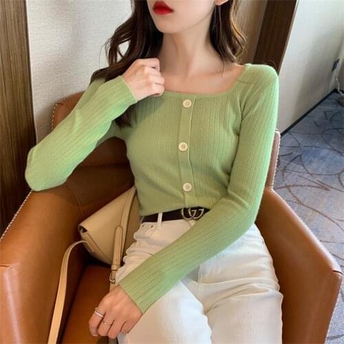 2021 New Autumn Winter Fashion Sweaters Women Clothes Sqaure Collar Long Sleeves Elastic Short Tops Female Slim Sweater Pullover