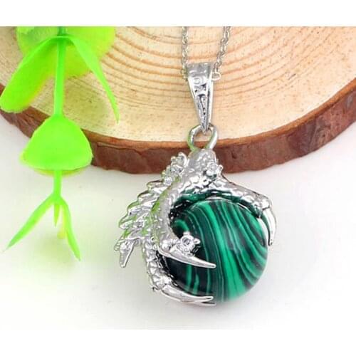 Trendy-beads Silver Plated Dragon Claw Ball Bead Malachite Stone Pendant Necklace Link Chain Jewelry