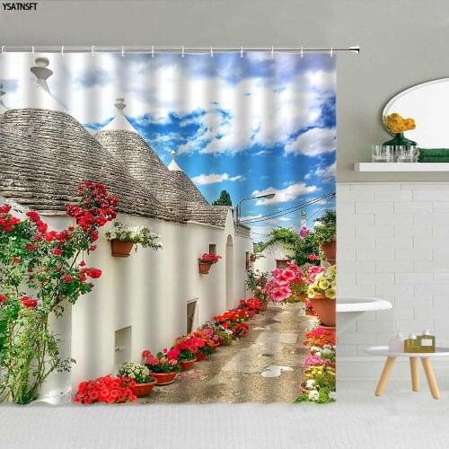 Retro Architecture Street Landscape Shower Curtain White Stone Wall Flowers Plants Bathroom Supplies Fabric Curtains With Hooks