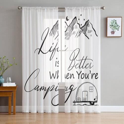 Camping Camper Mountain Stars Moon White Tulle Curtain Voile Transparent for Bedroom Living Room Kitchen Sheer Window Curtains