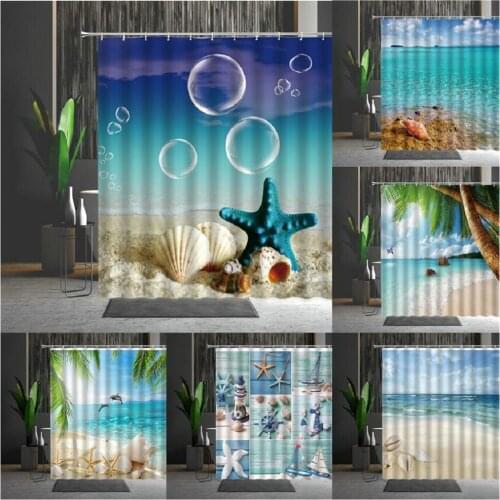 Summer Scenery Bath Curtains Sandy Beach Landscape Starfish Conch Dolphin Bubble Sunlight Coconut Tree Shower Curtains