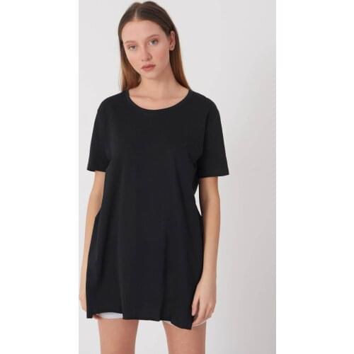 Womens Black Crew Neck Slit Tshirt Casual Fashion Products Street Sports Style Wear Spring Summer Dresses New Year Combine