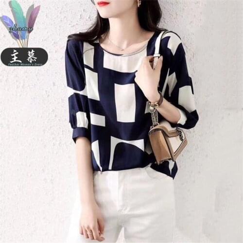 Women Summer All-Match Chiffon Blouses Shirts Ladies Fashion Raglan Sleeve O-Neck Blue Color Contrast Loose Tops Blusas MM0456