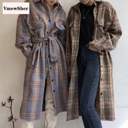 VmewSher New Elegant Woolen Plaid Women Long Shirt Coat with Belt Autumn Single Breasted Vintage Loose Long Sleeve Trench Jacket