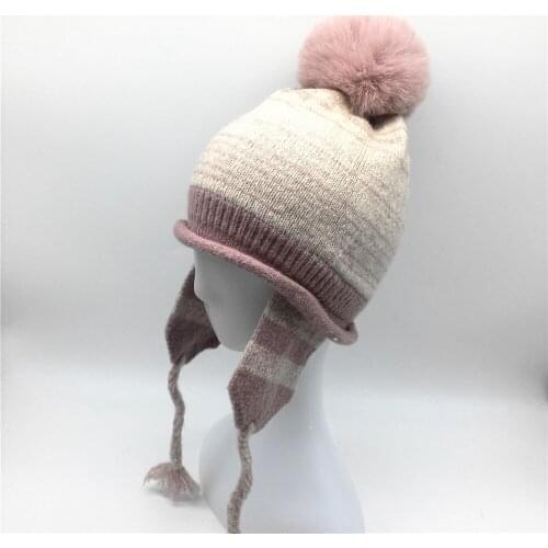 Women Marled Beanie with Matching Faux Fur Pompom Lady Girls Solid Knitted Winter Hat Female Soft Warm Hat with Earmuffs