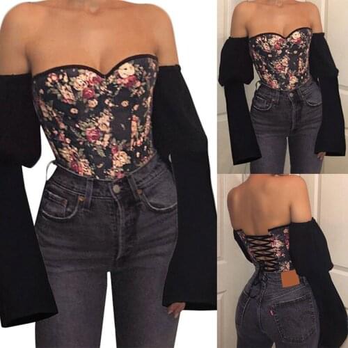 Womens Fashion One-Neck Halter Lace-Up Print Denim Corset Long Sleeve Top Black