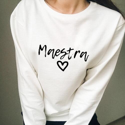 Maestra Heart Print 100%Cotton Spanish Teacher Sweatshirts Womens Funny Casual O-Neck Feminist Long Sleeve Tops Teacher Gift