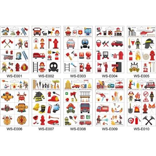 10pcs/set Fireman Fire Truck Tattoo Stickers Firefighter Fire Extinguisher Temporary Tattoos Fire Department Party Decoration