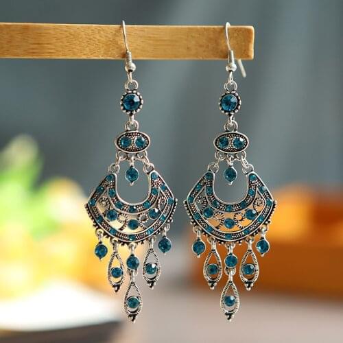 2020 Retro Ethnic Fan-shaped Bohemian Earrings Kolczyki Hollow Out Drop Long Tassel Rhinestones Fashion Earrings Wedding Jewery