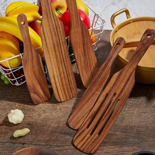 5PCS/SET Teak Wood Natural Long Handle Spatula Kitchen Turner Non Stick Cooking Utensils Wooden Spatula Slotted Turner Set