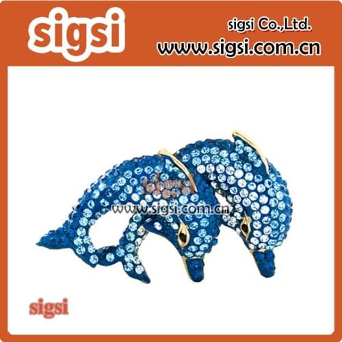 Lovely rhinestone double dolphins Animal Brooch Blue Crystal Pin