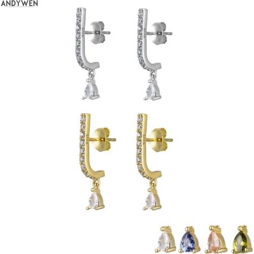 ANDYWEN 925 Sterling Silver Long Line Drop Earring White Zircon Pave Teardrop Hook Vintage Earrings Statement Wedding Jewelry