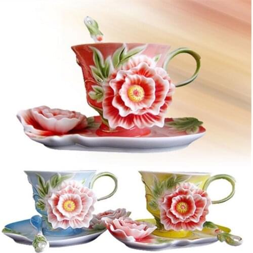 Bone Porcelain Peony Coffee Mug Ceramic Enamel Couple Cups Wedding Gift Birthday Holiday Gift Pastoral Flower Tea Set