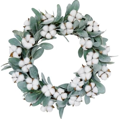 Cotton Wreath, Christmas Cotton Boll Rustic Wreath With Artificial Green Leaves For Outdoor Indoor Wedding Welcome Decor