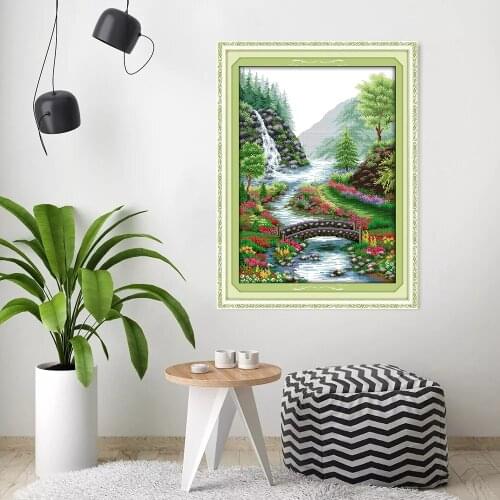 HUACAN Cross Stitch Bridge River Kits 14ct 11ct White Canvas Cross Stitch Tree Set DIY Embroidery Needlework Gift