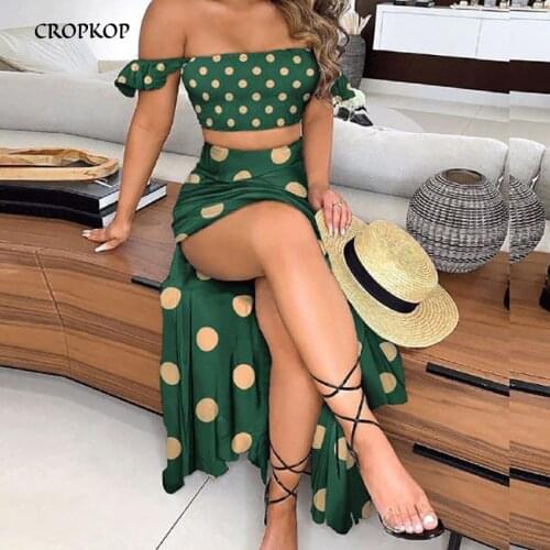 Plus Size Summer Two Piece Set Women Skirt Sexy Off Shoulder Tops Casual High Waist Slit Long Skirt Fashion Boho Print Outfits