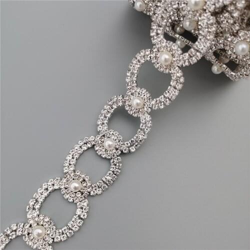 Silver Pearl Crystal Rhinestones Trim Circle Blinking Crystal Metal Chain For Dress Bag Shoes Accessories Decoration 2.8cm Width