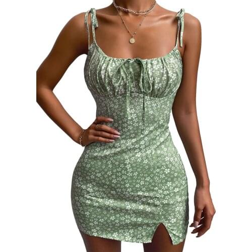 Fashion Women Floral Print Slip Dress Sleeveless Square Collar Slim Split Mini Dress Holiday Girls Sweet Sexy Casual Sundress