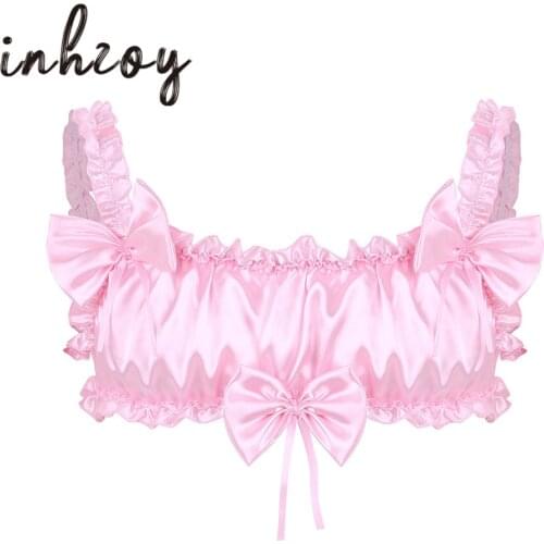 Men Sissy Lingerie Erotic Crossdressing Gay Underwear Pink/Black Sexy Crop Tops Soft Satin Ruffled Elastic Straps Male Bra Tops