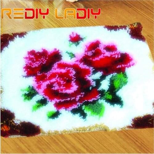 Latch Hook Rug Kits Crocheting Carpet Rug Three Red Rose Acrylic Yarn Printed Canvas Cushion Mat Crochet Tapestry Hobby & Crafts