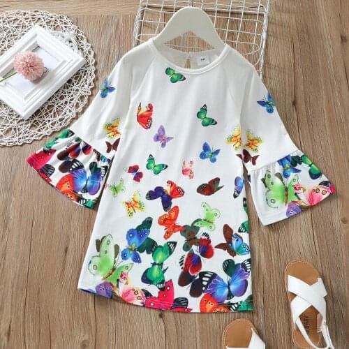 Girl Clothing Summer Girls Long Style Falre Sleeve Polyester Cotton Butterfly Print Dress 2 To 6 Years Kids Clothes