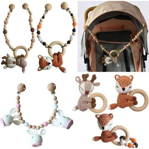 OOTDTY Crochet Elk Bunny Rattle Toys Wooden Baby Pram Clip Baby Gym Stroller Hanging Pendant Newborn Crib Mobile Rattle Toys