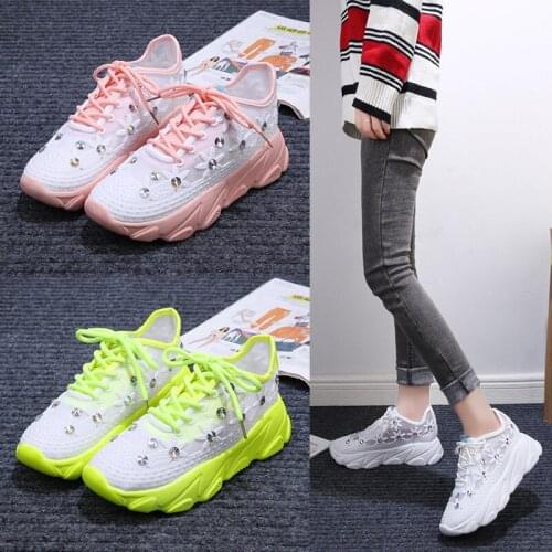 Dad Shoes Womens 2021 Spring New Fashion Mesh Rhinestone Muffin Thick Bottom Breathable Sneakers