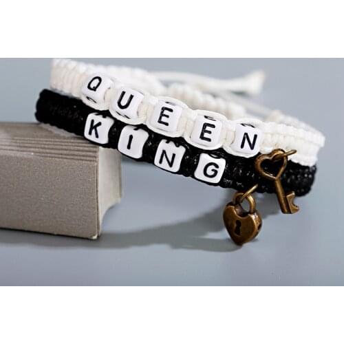 Handmade Woven Bracelet Men Women Jewelry KING Queen Beads Couple Bracelets Lovers Gift Black And White Distance Bracelet