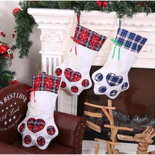 Pet Christmas Stocking Dog Paw Plaid Gift Bag Animal X-mas Stocking for Kids Candy Bag Gifts Christmas SN1911