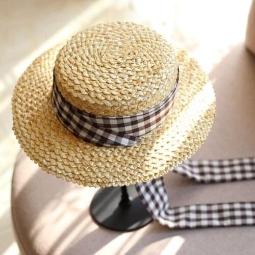 Womens Japan Style Lace-Up Flat-Top Straw Hat Fashion Adjustable Summer Sun Hat Femal Causal Beach Hat
