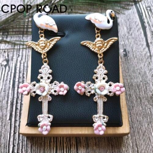 Trendy Ethnic Cross Pendant Vintage Earring for Women Girl Flower Wing Crane Baroque Palace Dangle Earrings Jewelry Accessories