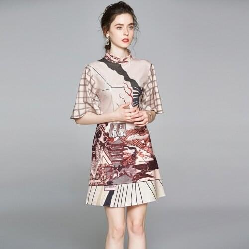 Vintage Cartoon Print Women Plaid Dress Female Casual Stand Collar Flare Sleeve Dresses Summer A-line Mini Cheongsam Dress k5534