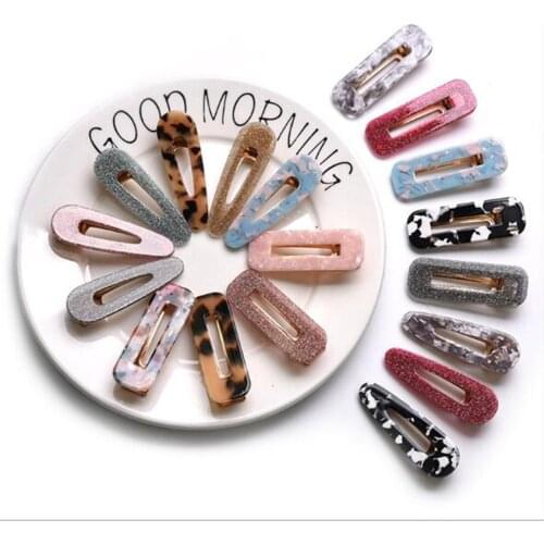 Women Girls Japanese Style Side Hair Clip Hollow Geometric Water Drop Shape Duckbill Hairgrips Colored Marble Textured Printed