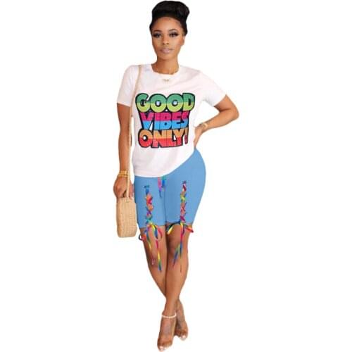 2021 New Arrival Famous Brand 2 pcs Women Set Letters Bandage O-neck Tops and Shorts Summer Casual Outfits